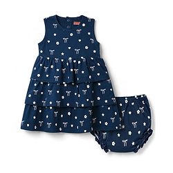Babyhug Cotton Knit Frocks with Bloomer/Short Sleeveless Tiered All Over Prints Blue New Born