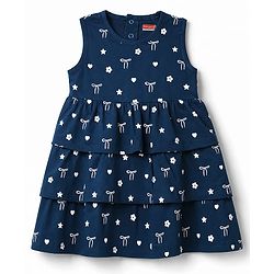 Babyhug Cotton Knit Frocks with Bloomer/Short Sleeveless Tiered All Over Prints Blue New Born