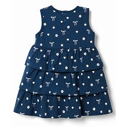 Babyhug Cotton Knit Frocks with Bloomer/Short Sleeveless Tiered All Over Prints Blue New Born