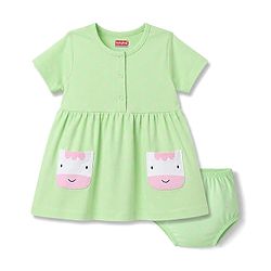Babyhug Single Jersey Knit Half Sleeves Polka Dots Printed Frock With Bloomer & Cow Patch - Light Green
