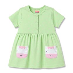 Babyhug Single Jersey Knit Half Sleeves Polka Dots Printed Frock With Bloomer & Cow Patch - Light Green