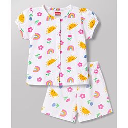 Babyhug 100% Cotton Knit Half Sleeves T-Shirt & Shorts Night Suit With Rainbow & Floral Print - White
