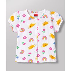 Babyhug 100% Cotton Knit Half Sleeves T-Shirt & Shorts Night Suit With Rainbow & Floral Print - White