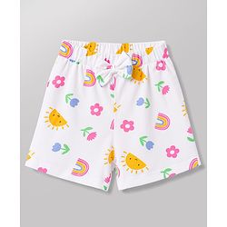 Babyhug 100% Cotton Knit Half Sleeves T-Shirt & Shorts Night Suit With Rainbow & Floral Print - White