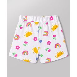 Babyhug 100% Cotton Knit Half Sleeves T-Shirt & Shorts Night Suit With Rainbow & Floral Print - White