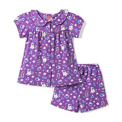 Babyhug 100% Cotton Knit Half Sleeves Peter Pan Collar Co Ord Shirt & Shorts Night Suit Floral Print - Lavender