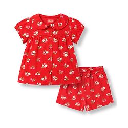 Babyhug Cotton Knit Half Sleeves Peter Pan Collared Top & Shorts Co-Ord Night Suit With Floral Print - Red
