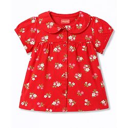 Babyhug Cotton Knit Half Sleeves Peter Pan Collared Top & Shorts Co-Ord Night Suit With Floral Print - Red
