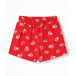 Babyhug Cotton Knit Half Sleeves Peter Pan Collared Top & Shorts Co-Ord Night Suit With Floral Print - Red