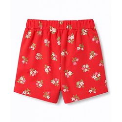 Babyhug Cotton Knit Half Sleeves Peter Pan Collared Top & Shorts Co-Ord Night Suit With Floral Print - Red