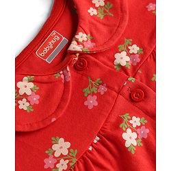 Babyhug Cotton Knit Half Sleeves Peter Pan Collared Top & Shorts Co-Ord Night Suit With Floral Print - Red
