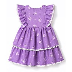 Babyhug 100% Cotton Woven One Piece Dress with Ruffled Sleeves and Floral Print Lavender 12-18 Months