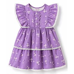Babyhug 100% Cotton Woven One Piece Dress with Ruffled Sleeves and Floral Print Lavender 12-18 Months
