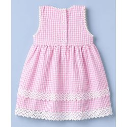 Babyhug Cotton Woven Sleeveless Checks One Piece Frock With Bow Applique & Lace Detailing - Pink