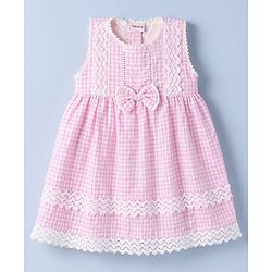 Babyhug Cotton Woven Sleeveless Checks One Piece Frock With Bow Applique & Lace Detailing - Pink