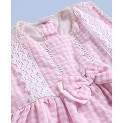 Babyhug Cotton Woven Sleeveless Checks One Piece Frock With Bow Applique & Lace Detailing - Pink