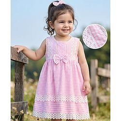 Babyhug Cotton Woven Sleeveless Checks One Piece Frock With Bow Applique & Lace Detailing - Pink