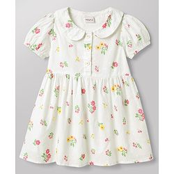 Babyhug Cotton Woven Half Puff Sleeves Floral Printed Frock With Peter Pan Collar - White