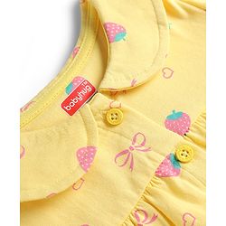 Babyhug Cotton Knit Half Sleeves Front Open Strawberry Printed Co-Ords Top & Shorts Night Suit - Yellow