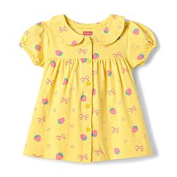 Babyhug Cotton Knit Half Sleeves Front Open Strawberry Printed Co-Ords Top & Shorts Night Suit - Yellow