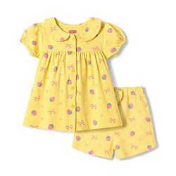 Babyhug Cotton Knit Half Sleeves Front Open Strawberry Printed Co-Ords Top & Shorts Night Suit - Yellow