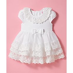 Babyhug Mesh Woven Sleeveless Frock Style Party Onesie with Floral Lace Detailing & Bow Applique - White