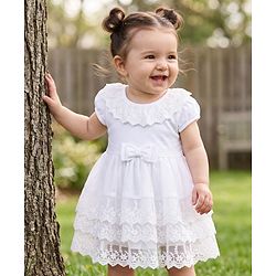 Babyhug Mesh Woven Sleeveless Frock Style Party Onesie with Floral Lace Detailing & Bow Applique - White