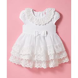Babyhug Mesh Woven Sleeveless Frock Style Party Onesie with Floral Lace Detailing & Bow Applique - White