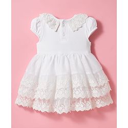 Babyhug Mesh Woven Sleeveless Frock Style Party Onesie with Floral Lace Detailing & Bow Applique - White