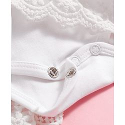 Babyhug Mesh Woven Sleeveless Frock Style Party Onesie with Floral Lace Detailing & Bow Applique - White