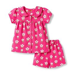Babyhug 100% Cotton Knit Half Sleeves Top & Shorts Night Suit With Floral Print - Pink
