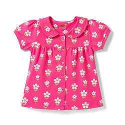 Babyhug 100% Cotton Knit Half Sleeves Top & Shorts Night Suit With Floral Print - Pink