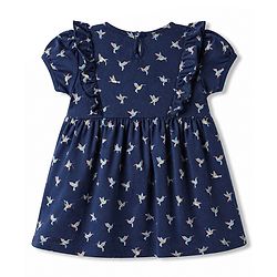 Babyhug Single Jersey Knit Half Sleeves Frock with Bird Print & Bloomer - Navy Blue