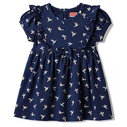 Babyhug Single Jersey Knit Half Sleeves Frock with Bird Print & Bloomer - Navy Blue