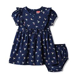 Babyhug Single Jersey Knit Half Sleeves Frock with Bird Print & Bloomer - Navy Blue