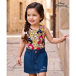 Babyhug Disney Single Jersey Knit Sleeveless Tops and Denim Skirts Set with Disney Princess Graphics -  Multicolour