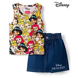 Babyhug Disney Single Jersey Knit Sleeveless Tops and Denim Skirts Set with Disney Princess Graphics -  Multicolour