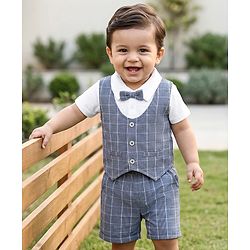 Babyhug Cotton Knit Half Sleeves T-Shirt & Shorts With Attached Checks Waistcoat & Bow - Blue