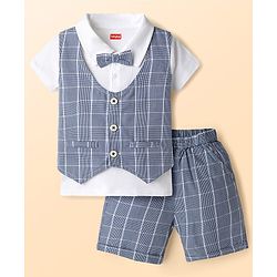 Babyhug Cotton Knit Half Sleeves T-Shirt & Shorts With Attached Checks Waistcoat & Bow - Blue
