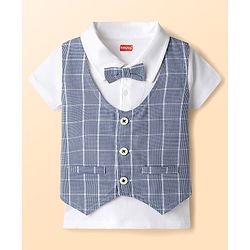 Babyhug Cotton Knit Half Sleeves T-Shirt & Shorts With Attached Checks Waistcoat & Bow - Blue
