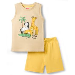 Babyhug Single Jersey Knit Sleeveless T-Shirt & Shorts Set with Animal Print - Light Brown & Yellow