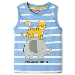Babyhug Single Jersey Knit Sleeveless Striped Animal Printed Tank T-Shirt & Shorts Set - Light Blue & Yellow