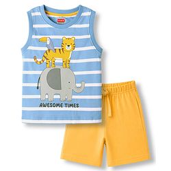 Babyhug Single Jersey Knit Sleeveless Striped Animal Printed Tank T-Shirt & Shorts Set - Light Blue & Yellow