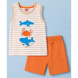 Babyhug Slub Jersey Knit Sleeveless Striped Sea Life Printed Tank T-Shirt & Shorts Set - Multicolor
