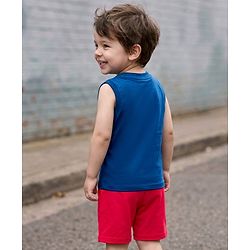 Babyhug Single Jersey Knit Sleeveless T-Shirt & Shorts Set with Vehicles Print - Blue & Red