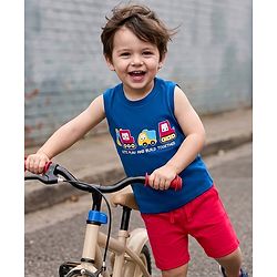 Babyhug Single Jersey Knit Sleeveless T-Shirt & Shorts Set with Vehicles Print - Blue & Red