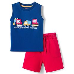 Babyhug Single Jersey Knit Sleeveless T-Shirt & Shorts Set with Vehicles Print - Blue & Red