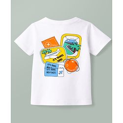 Babyhug Single Jersey Knit Half Sleeves Beach Theme Printed T-Shirt & Denim Shorts Set - White & Blue