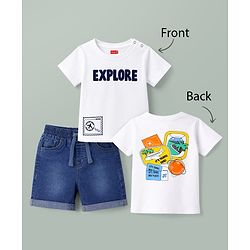 Babyhug Single Jersey Knit Half Sleeves Beach Theme Printed T-Shirt & Denim Shorts Set - White & Blue