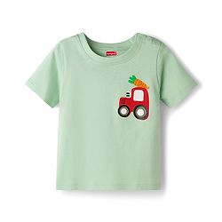 Babyhug Single Jersey Knit Half Sleeves T-Shirt & Denim Shorts Set with Tractor Print - Green & Blue